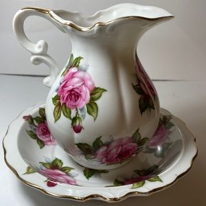 Vintage Norcrest Fine China Water Pitcher & Bowl Handpainted Pink Rose Gold Trim